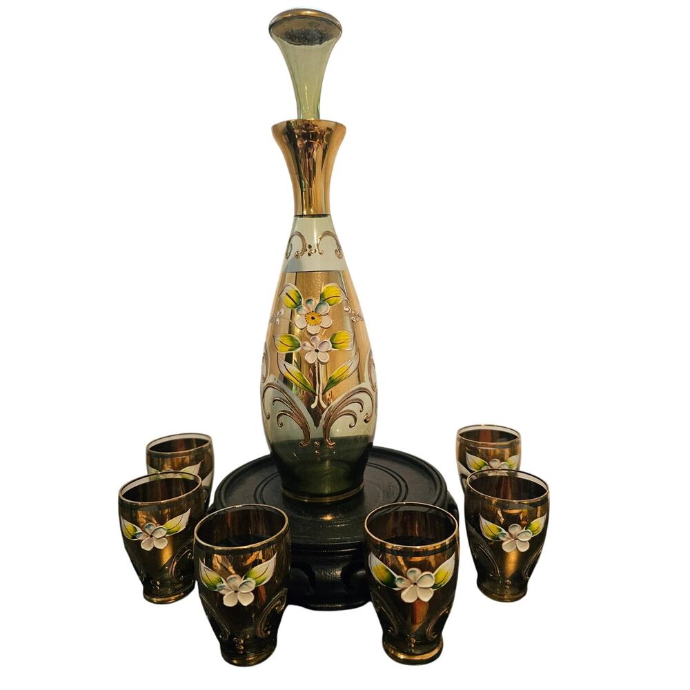 Vintage Bohemia Enamel White Floral Gold Leaf Green Glass Decanter & 6 Cup Set